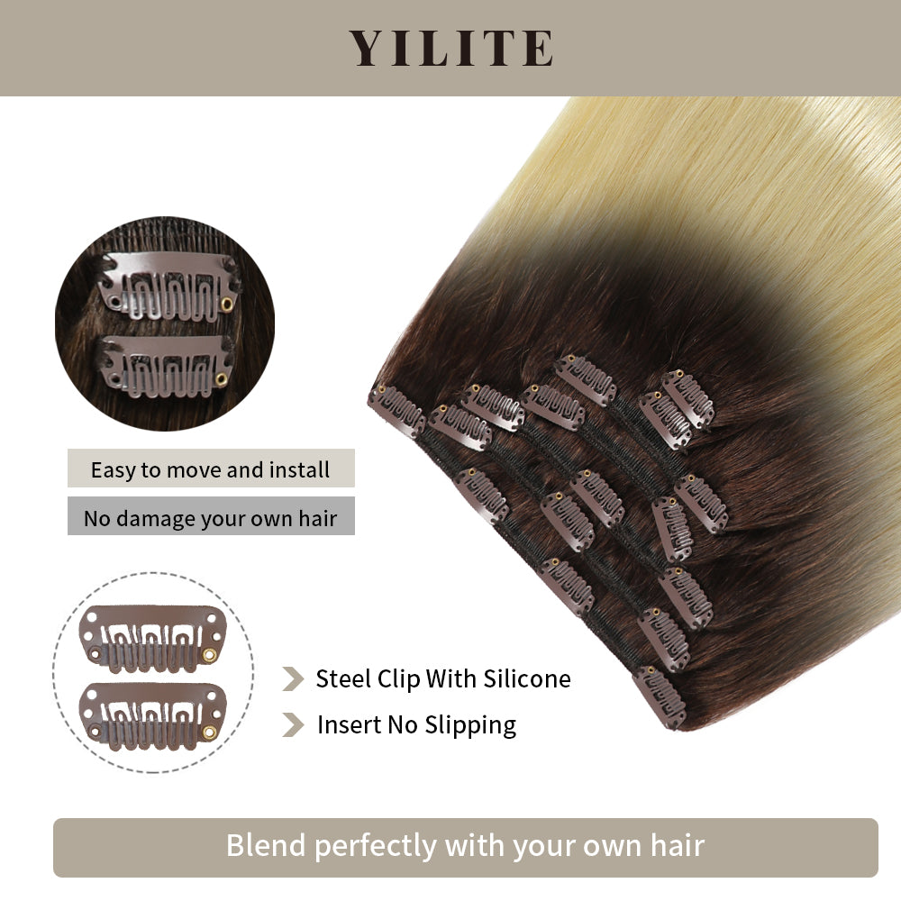 Close-up of (#T2/60) Darkest Brown to Platinum Blonde Classic Clip Ins