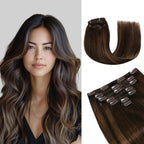 Model Wearing (#P2/6/T2) Darkest Brown Balayage Classic Clip Ins