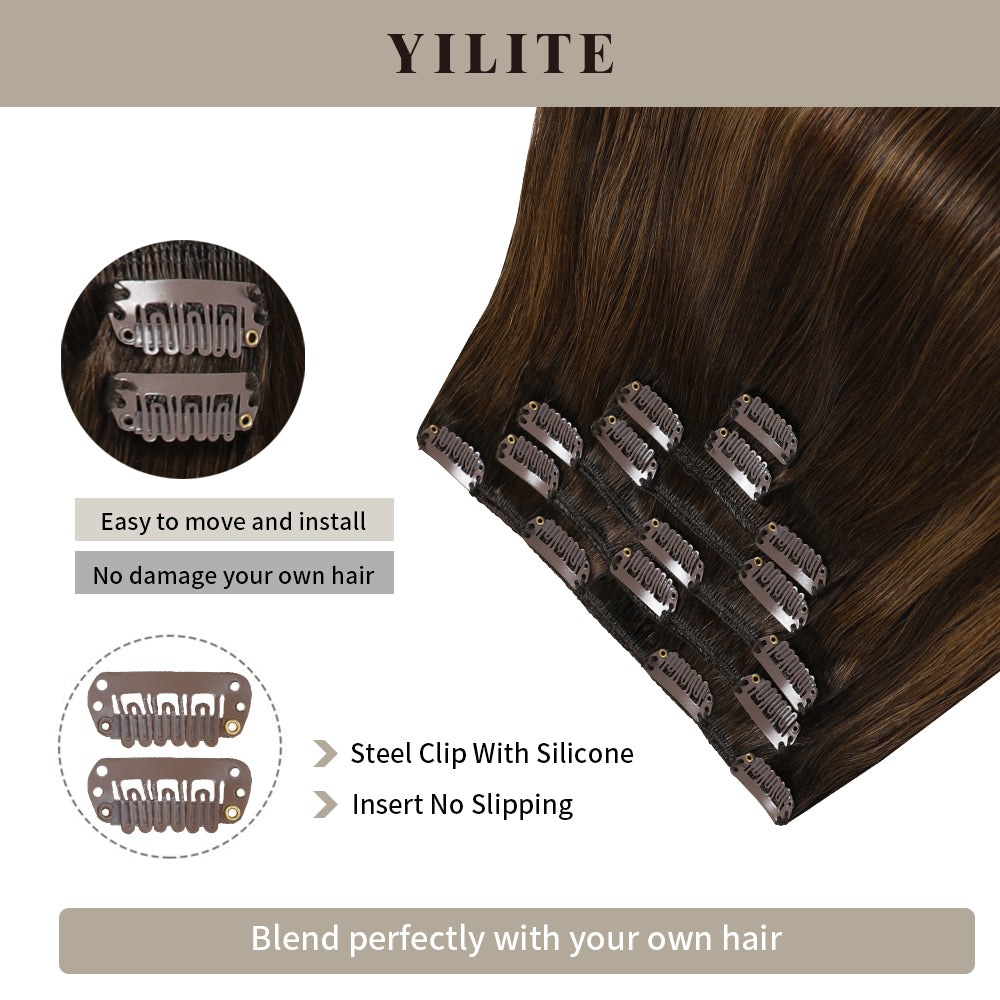 Close-up of (#P2/6/T2) Darkest Brown Balayage Classic Clip Ins