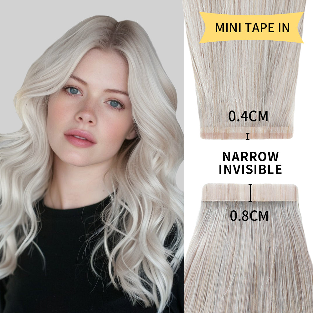Model Wearing Silver Narrow Mini Tape In Hair Extensions 