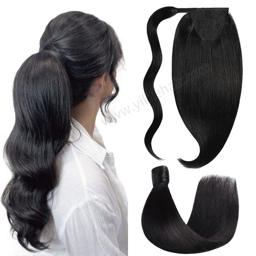Back View of Model Showcasing (#1B) Natural Black Wrap Around Ponytail Extension