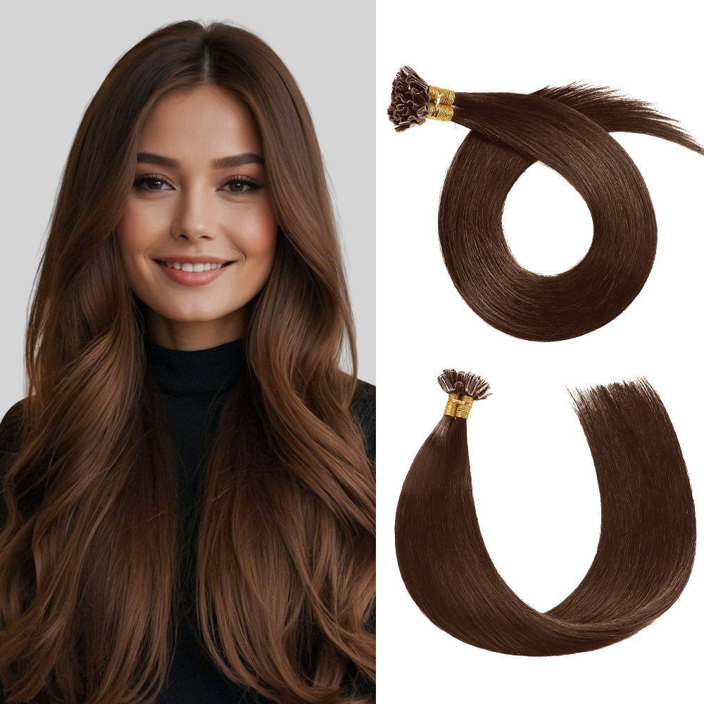 Model Wearing (#4) Chocolate Brown U Tip Hair Extensions