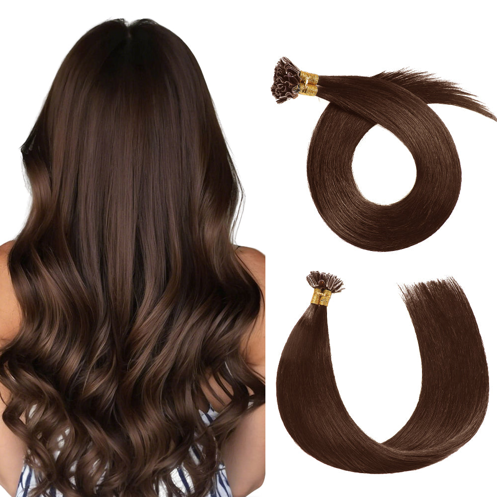 Back View of Model Wearing (#4) Chocolate Brown U Tip Hair Extensions 