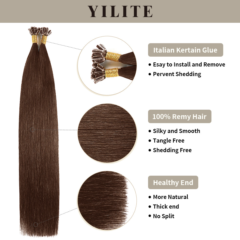 (#4) Chocolate Brown U Tip Hair Extensions with Italian Keratin Glue, 100% Virgin Hair, Healthy Ends