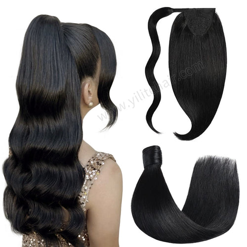 Back View of Model Showcasing (#1) Jet Black Wrap Around Ponytail Extension