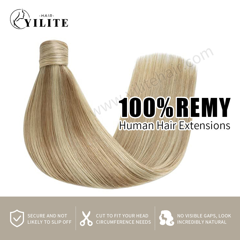  (#P18/613) Ash Blonde Highlights Wrap Around Ponytail Extension Virgin Human Hair