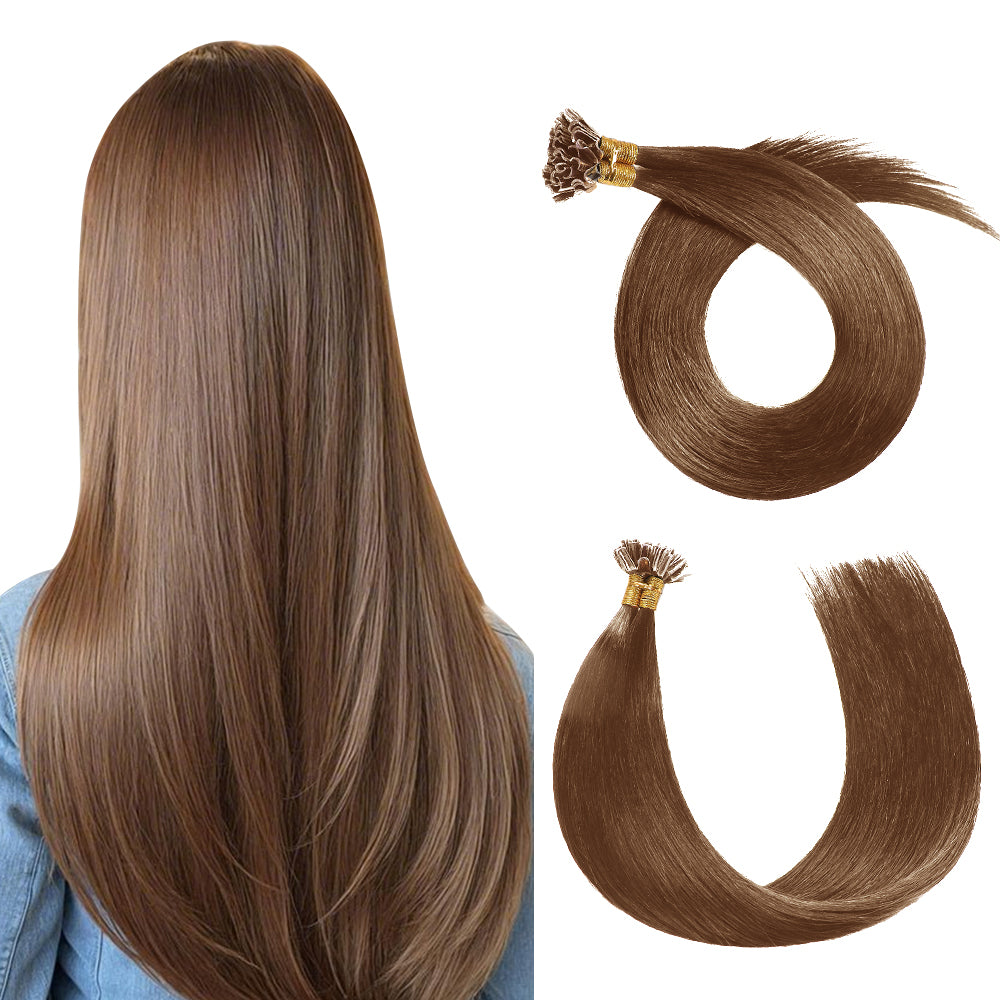 Back View of Model Wearing (#6) Chestnut Brown U Tip Hair Extensions 