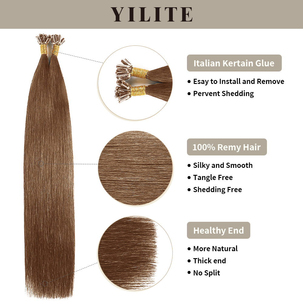 (#6) Chestnut Brown U Tip Hair Extensions with Italian Keratin Glue, 100% Virgin Hair, Healthy Ends
