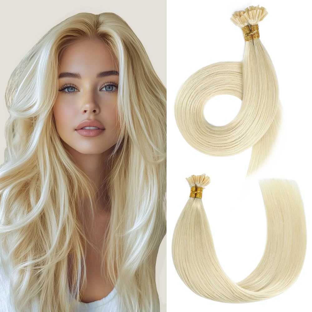 Model Wearing (#60) Platinum Blonde U Tip Hair Extensions