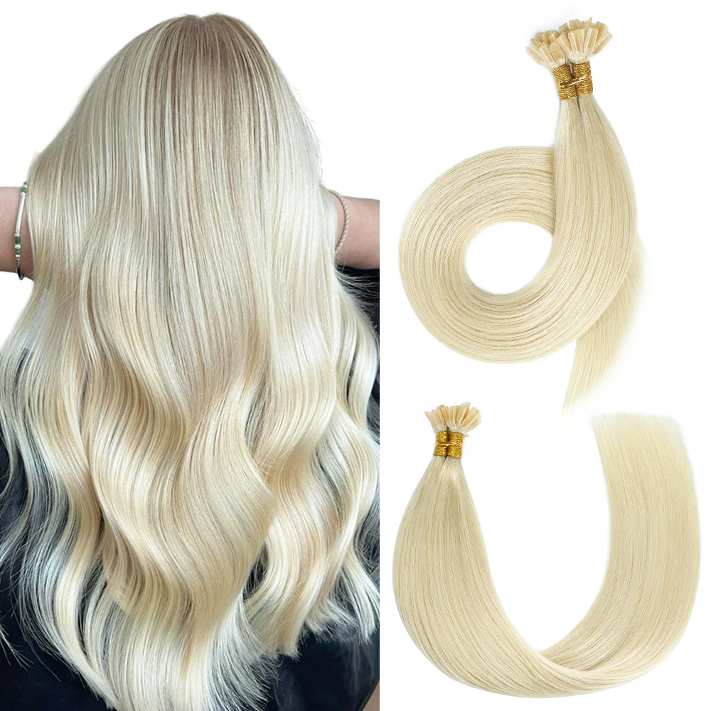 Back View of Model Wearing (#60) Platinum Blonde U Tip Hair Extensions 