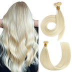 Back View of Model Wearing (#60) Platinum Blonde U Tip Hair Extensions 
