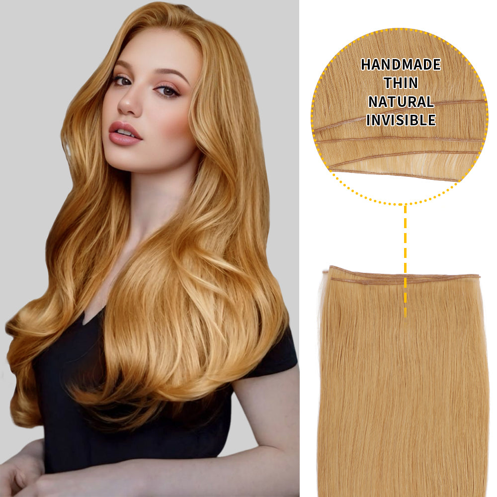 Model Showcasing (#27) Strawberry Blonde Genius Wefts, Handmade, Thin, and Natural 