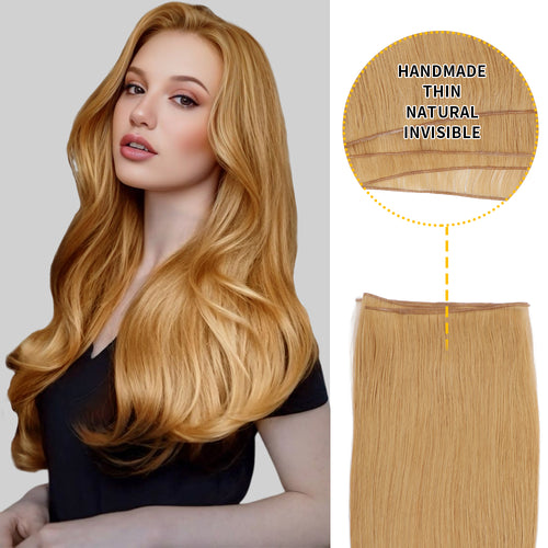 Model Showcasing (#27) Strawberry Blonde Genius Wefts, Handmade, Thin, and Natural 