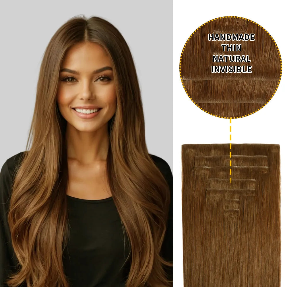 Model Wearing Seamless Clip Ins 7Pcs 16 Clips (#6) Chestnut Brown