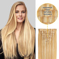 Model Wearing Seamless Clip Ins 7Pcs 16 Clips (#P27/613) Strawberry Blonde Bleach Blonde
