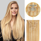 Model Wearing Seamless Clip Ins 7Pcs 16 Clips (#P27/613) Strawberry Blonde Bleach Blonde