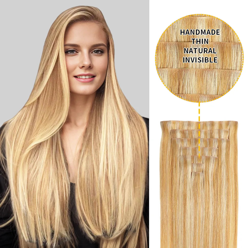 Model Wearing Seamless Clip Ins 7Pcs 16 Clips (#P27/613) Strawberry Blonde Bleach Blonde