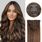 Model Wearing Seamless Clip Ins 7Pcs 16 Clips (#P2/6/T2 ) Darkest Brown Balayage