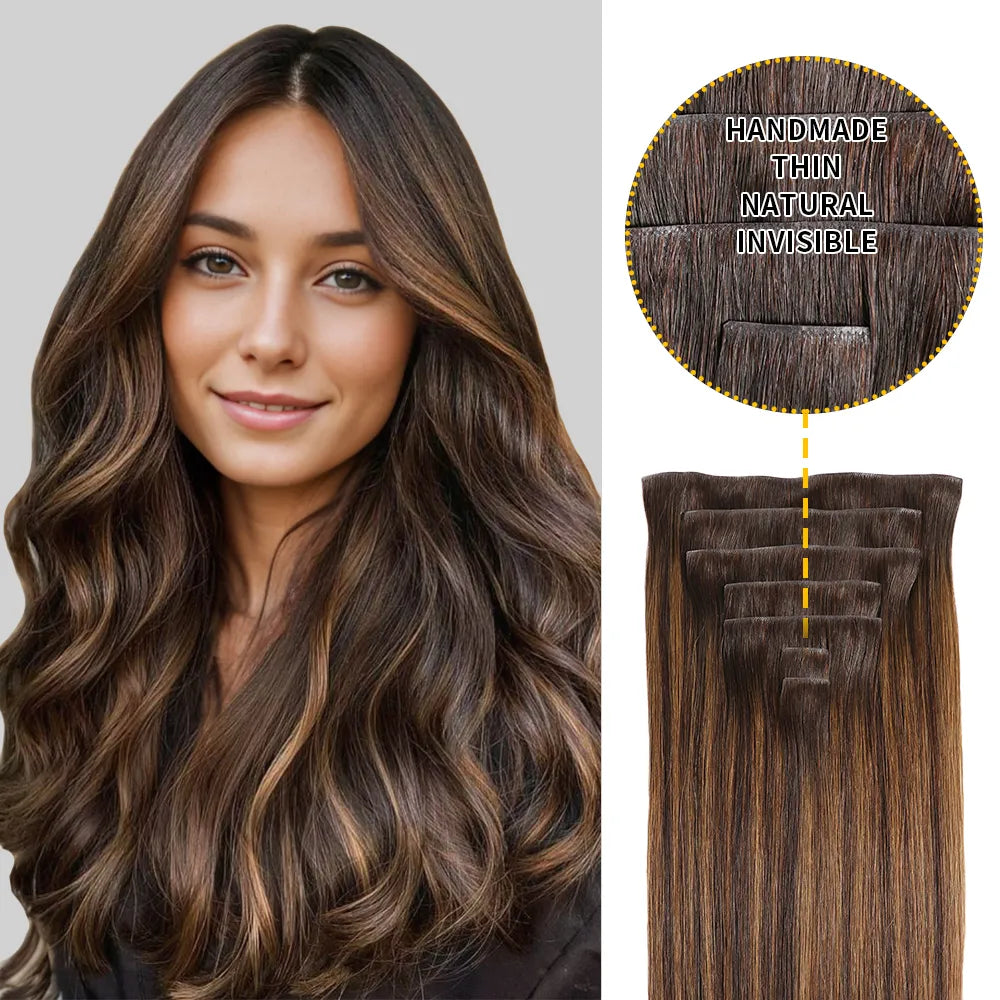 Model Wearing Seamless Clip Ins 7Pcs 16 Clips (#P2/6/T2 ) Darkest Brown Balayage