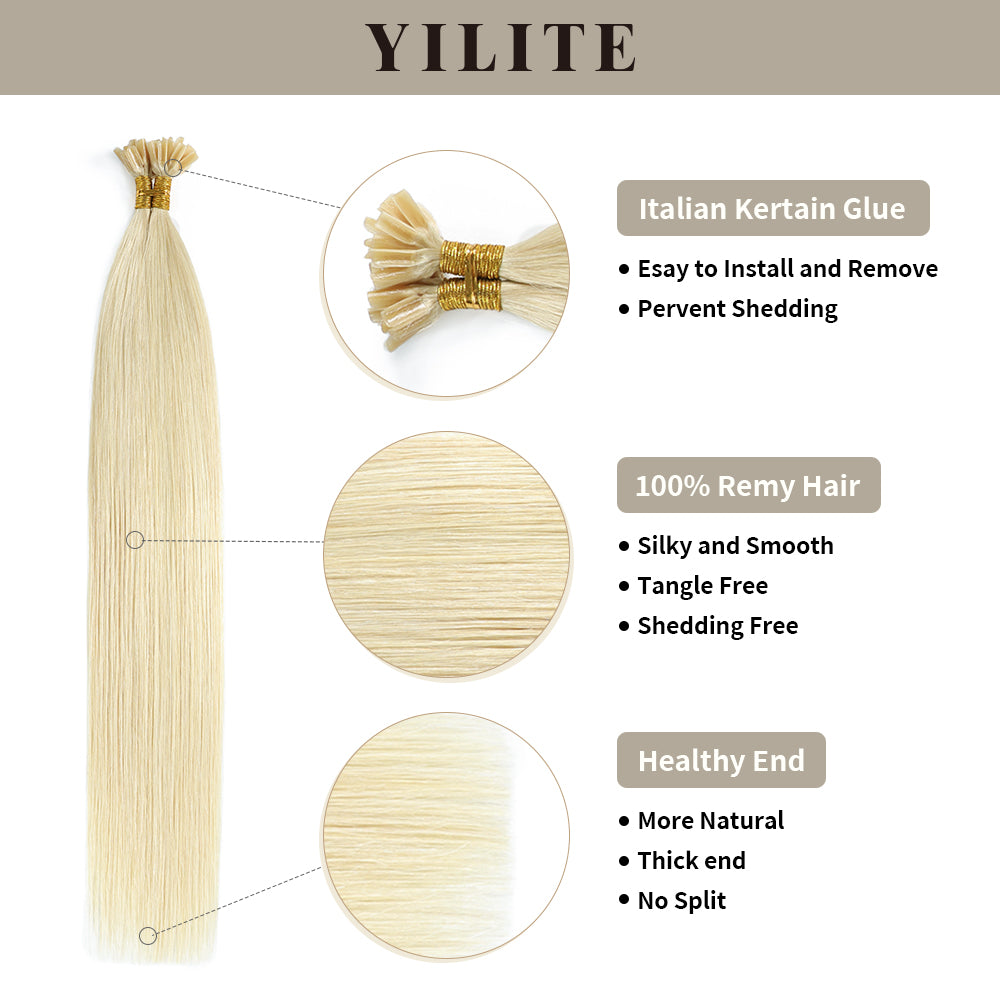 (#60) U Tip Hair Extensions with Italian Keratin Glue, 100% Virgin Hair, Healthy Ends