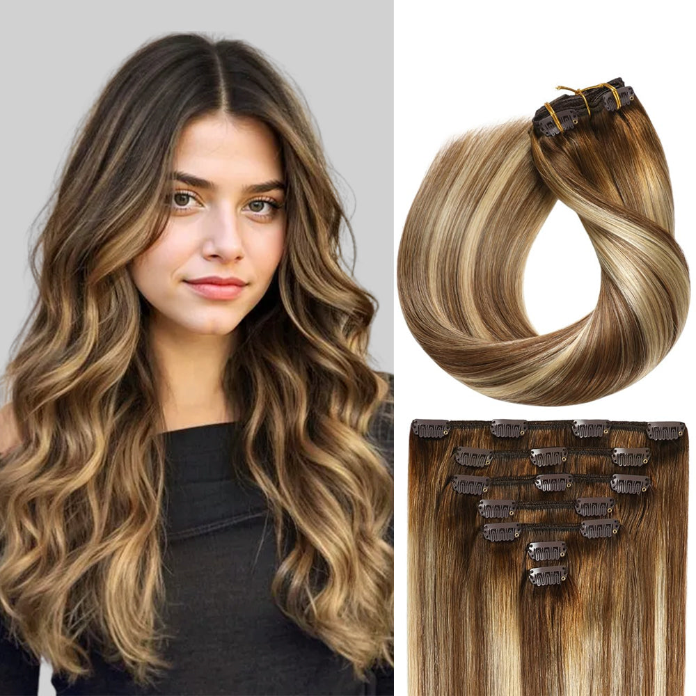 Model Wearing (#P6/613/T4) Brown to Blonde Balayage Classic Clip Ins