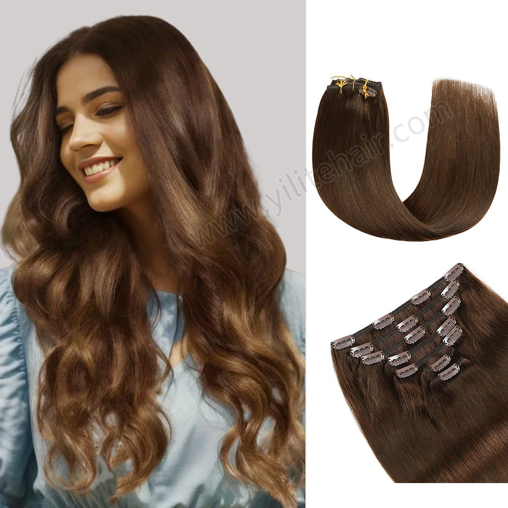 Model Wearing (#6) Chestnut Brown Classic Clip Ins