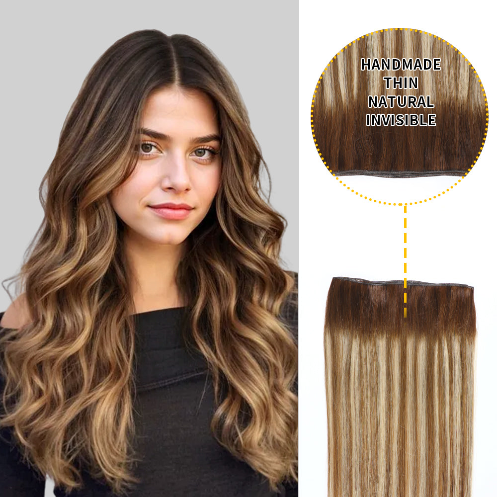 Model Showcasing (#P6/613/T4) Brown to Blonde Balayage Genius Wefts, Handmade, Thin, and Natural 