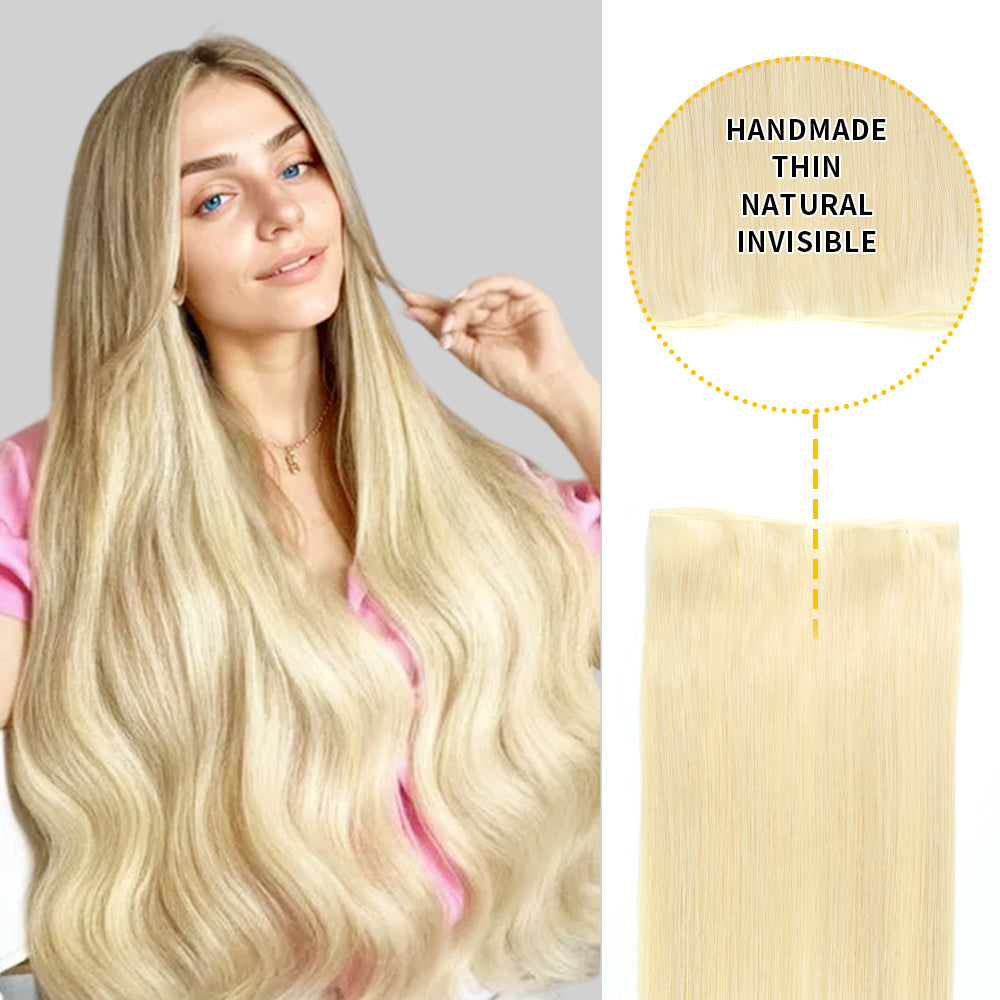 Model Showcasing (#60) Platinum Blonde Genius Wefts, Handmade, Thin, and Natural 
