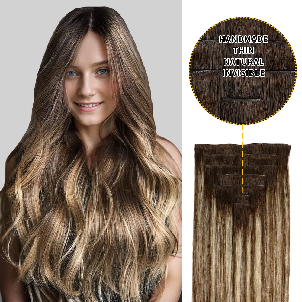 Model Wearing Seamless Clip Ins 7Pcs 16 Clips (#P6/613/T4) Brown to Blonde Balayage