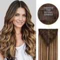 Model Wearing Seamless Clip Ins 7Pcs 16 Clips (#P4/27/T4) Chocolate Brown to Caramel Blonde 