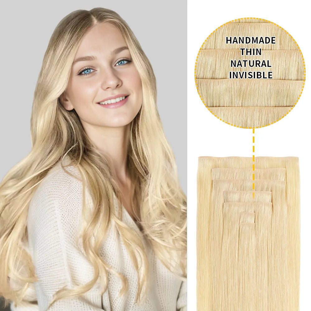 Model Wearing Seamless Clip Ins 7Pcs 16 Clips (#613) Bleach Blonde
