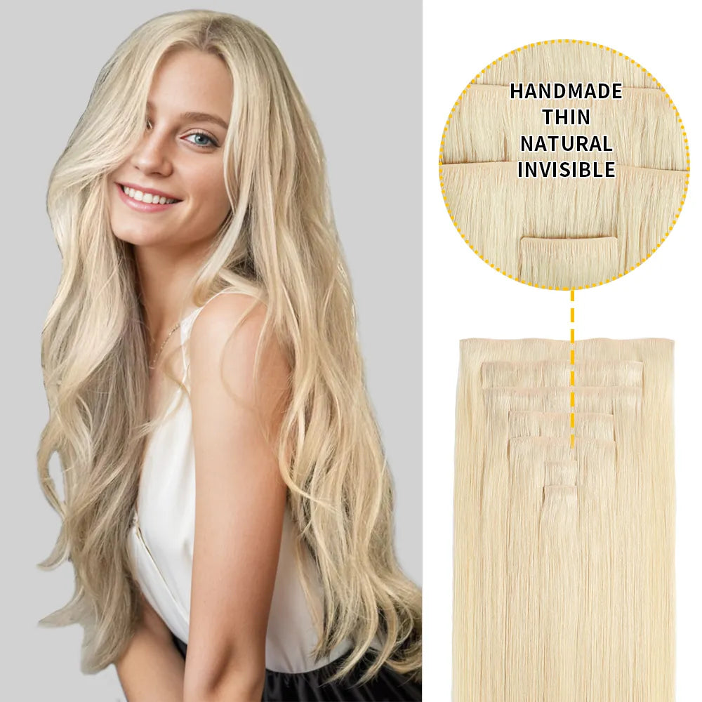 Model Wearing Seamless Clip Ins 7Pcs 16 Clips (#60) Platinum Blonde