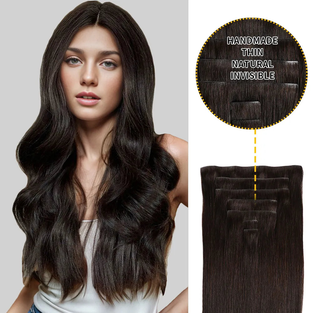 Model Wearing Seamless Clip Ins 7Pcs 16 Clips (#2) Darkest Brown