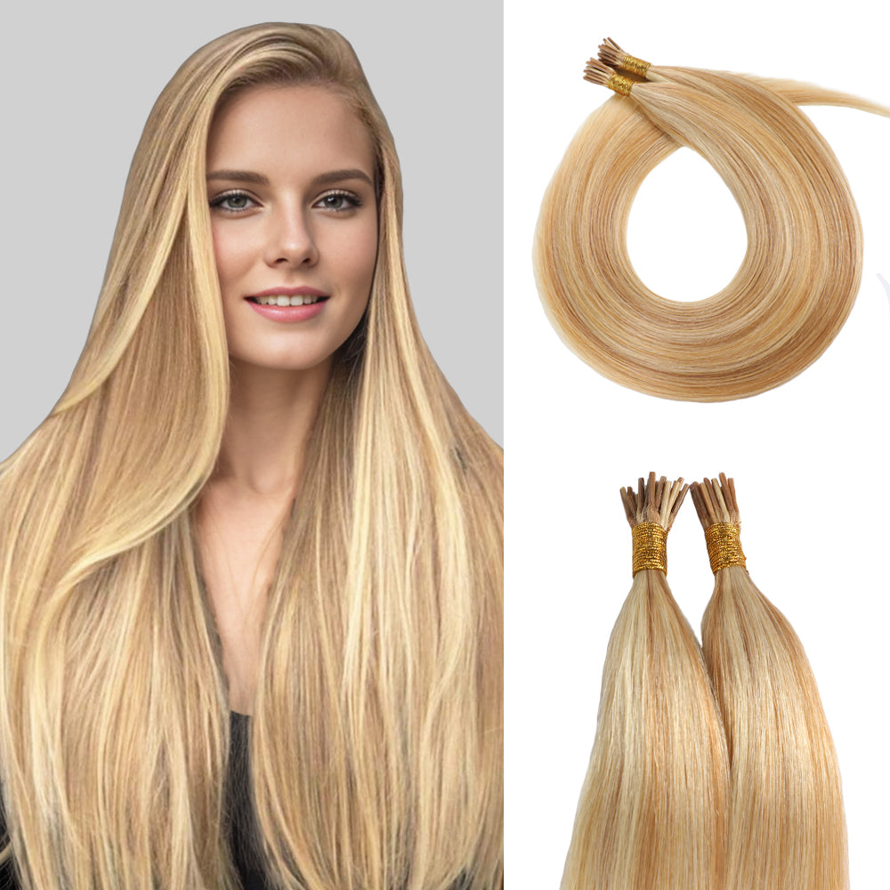 Model Wearing (#P27/613) Strawberry Blonde Bleach Blonde U Tip Hair Extensions
