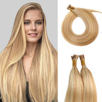 Model Wearing (#P27/613) Strawberry Blonde Bleach Blonde U Tip Hair Extensions