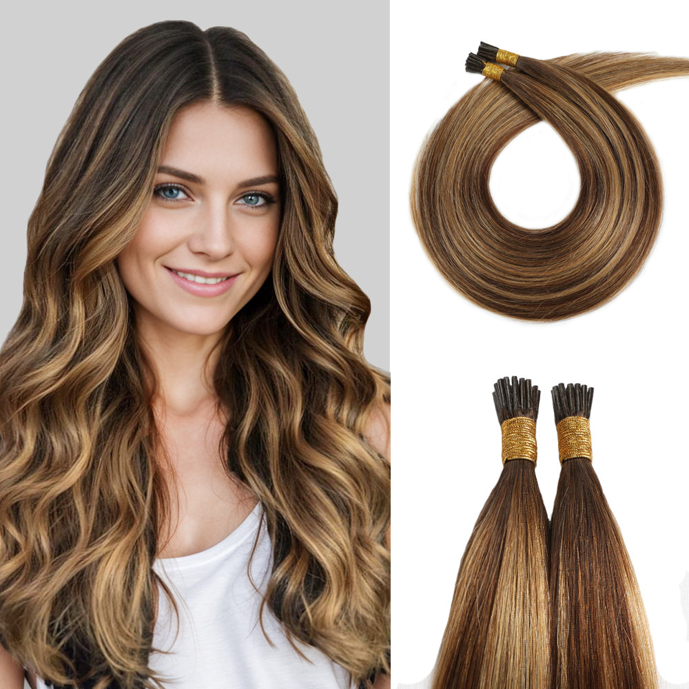 Model Wearing (#P4/27/T4) Chocolate Brown to Caramel Blonde U Tip Hair Extensions