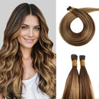 Model Wearing (#P4/27/T4) Chocolate Brown to Caramel Blonde I Tip Extensions