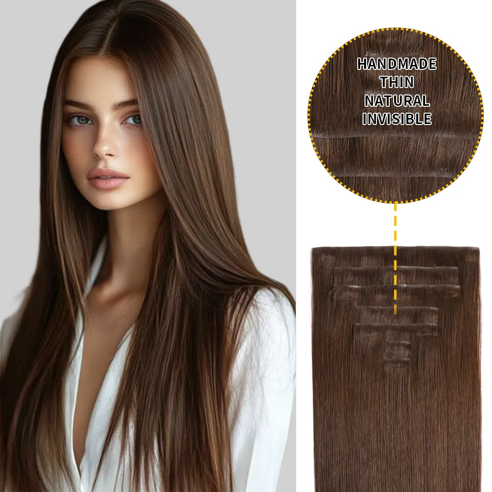 Model Wearing Seamless Clip Ins 7Pcs 16 Clips (#4) Chocolate Brown 