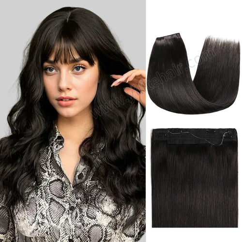 Model Showcasing (#1B) Natural Black Invisible Wire Hair Extensions