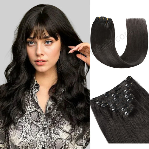 Model Wearing (#1B) Natural Black Classic Clip Ins