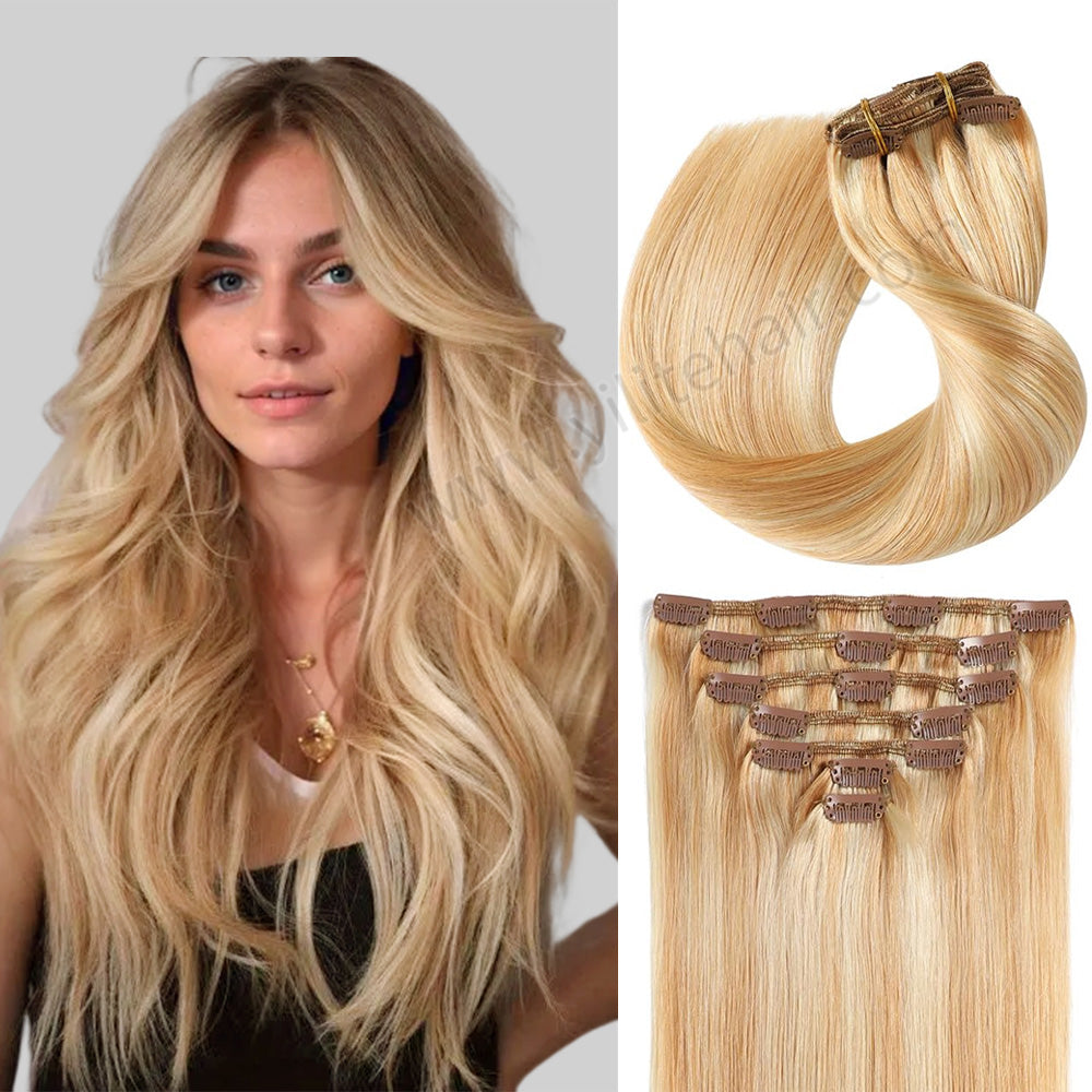 Model Wearing (#P27/613) Strawberry Blonde Bleach Blonde Classic Clip Ins