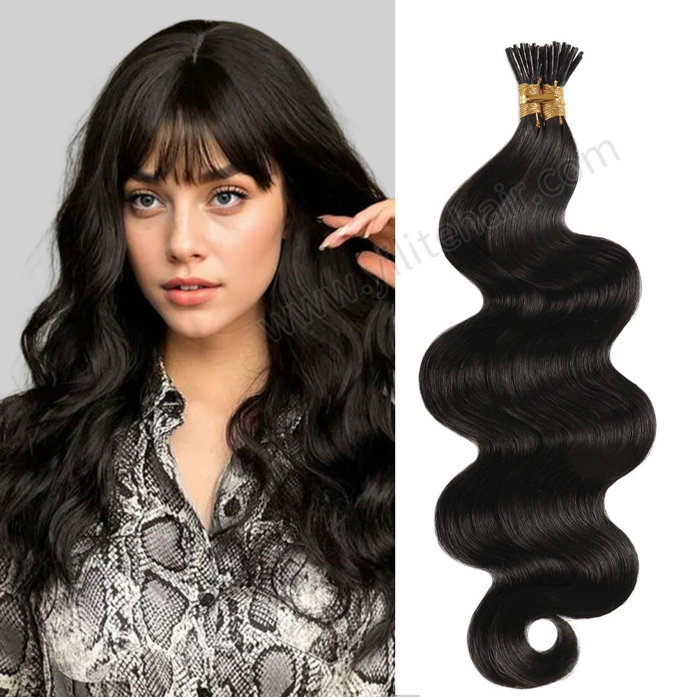 Model Wearing (#1B) Natural Black Body Wave I Tip Extensions