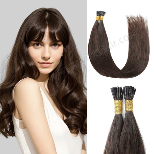 Model Wearing (#2) Darkest Brown U Tip Hair Extensions