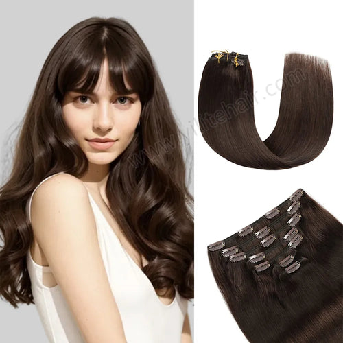 Model Wearing (#2) Darkest Brown Classic Clip Ins