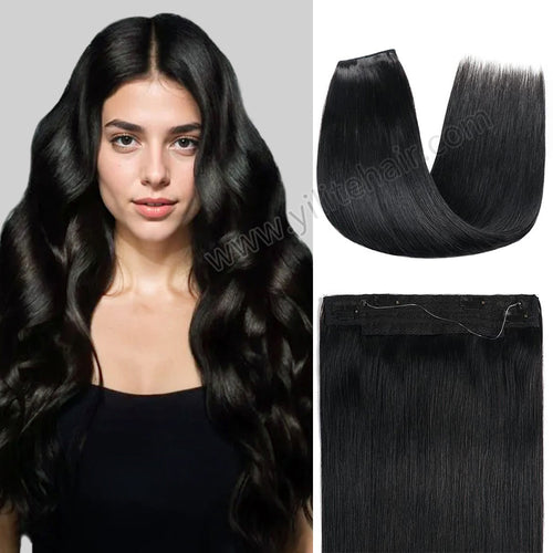 Model Showcasing (#1) Jet Black Invisible Wire Hair Extensions