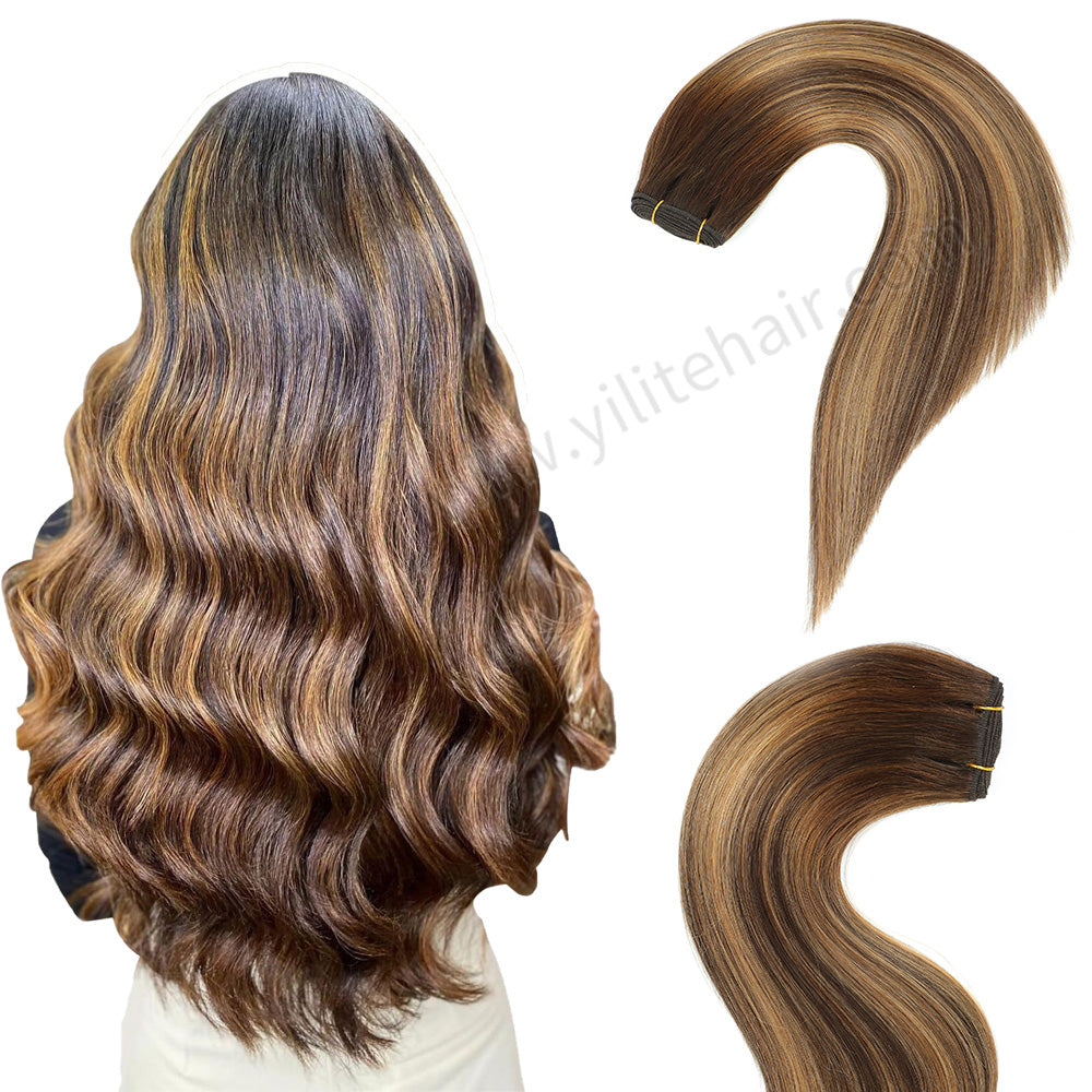Back View of Model Showcasing (#P4/27/T4) Chocolate Brown to Caramel Blonde Sew In Weft