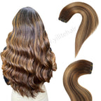 Back View of Model Showcasing (#P4/27/T4) Chocolate Brown to Caramel Blonde Sew In Weft