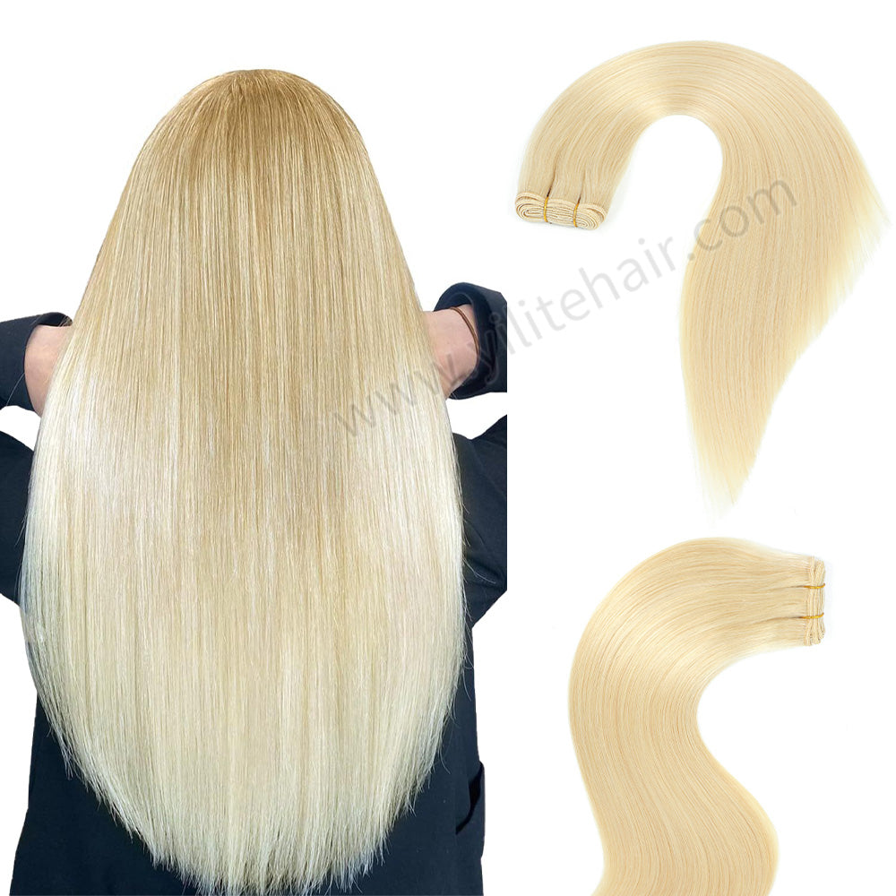 Back View of Model Showcasing(#60) Platinum Blonde Sew In Weft     