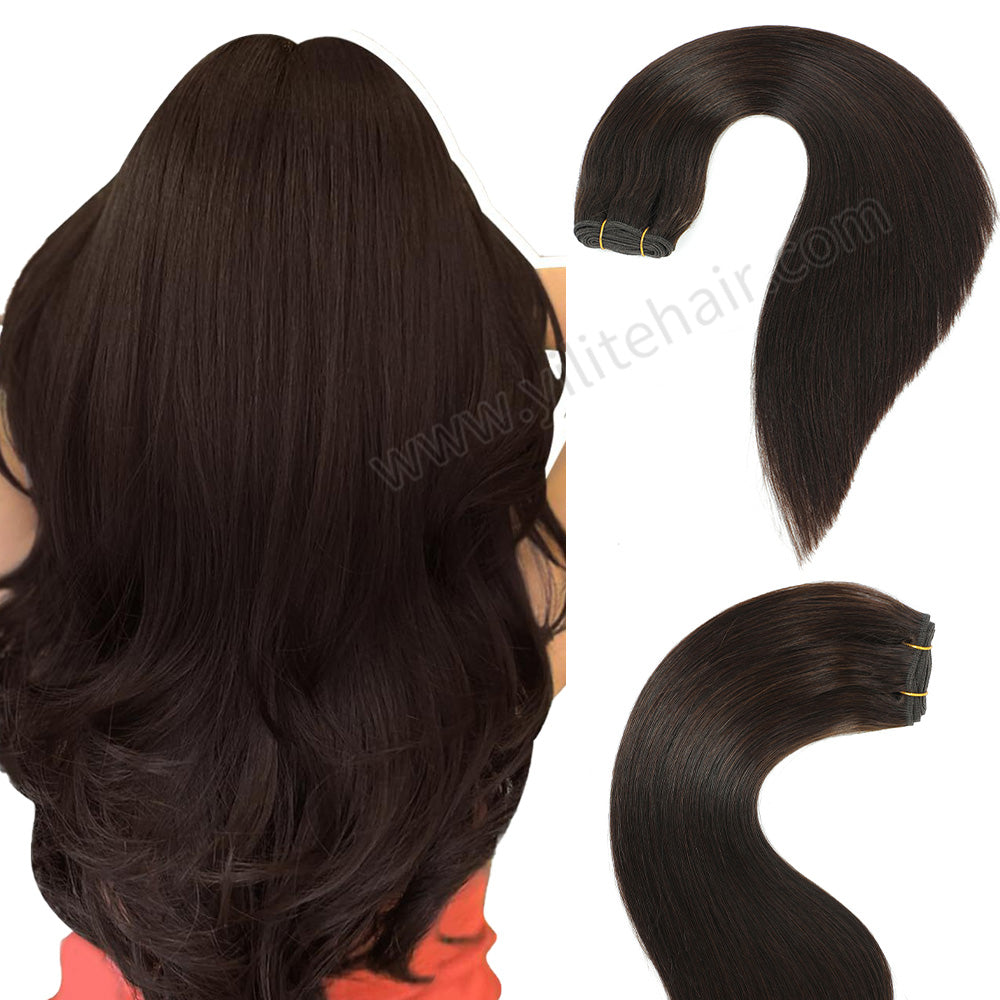 Back View of Model Showcasing (#2) Darkest Brown Sew In Weft