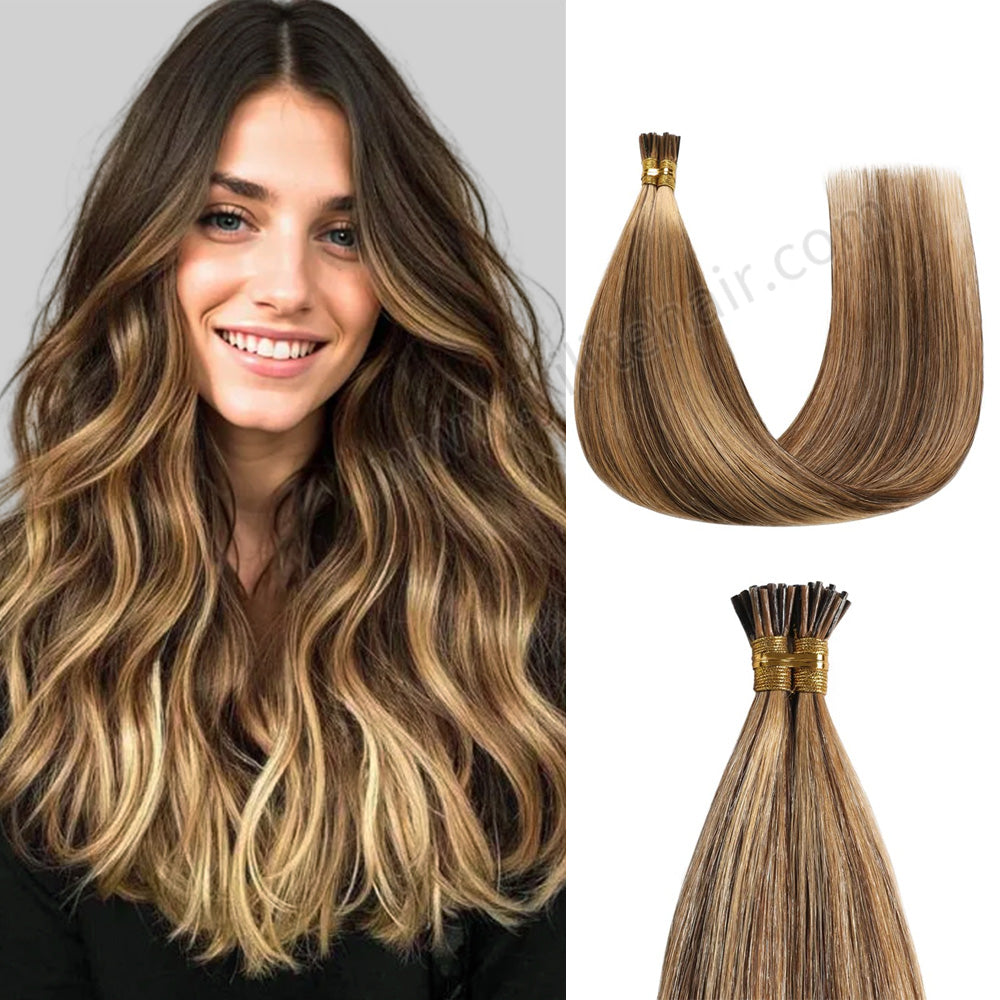 Model Wearing (#P4/27) Caramel Blonde Balayage I Tip Extensions